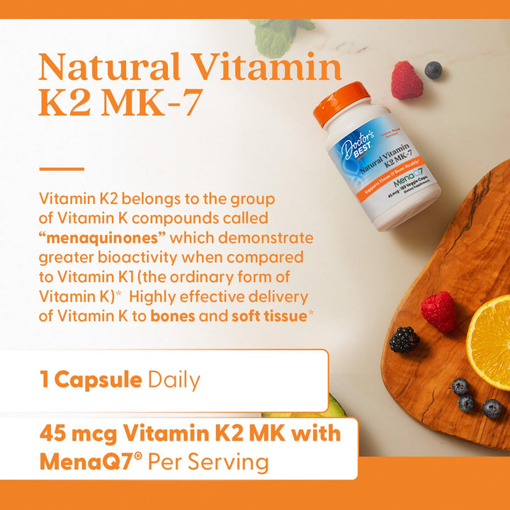Doctor&#39;s Best Natural Vitamin K2 Mk-7 Capsule , Supports Bone Health &amp; Soft Tissue Elasticity, 180 Ct