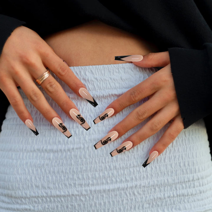 Coffin Press on Nails Long French Nails Glossy Ballerina Black Fake Nails False Nails with Designs Dragon Pattern Acrylic Nails for Women and Girls