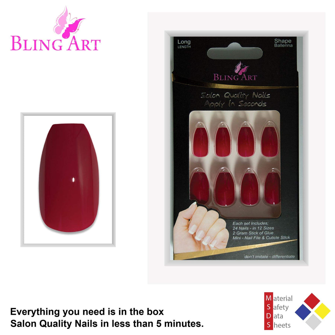 Ballerina False Nails Fake Coffin Polished Red 24 Long Acrylic Tips