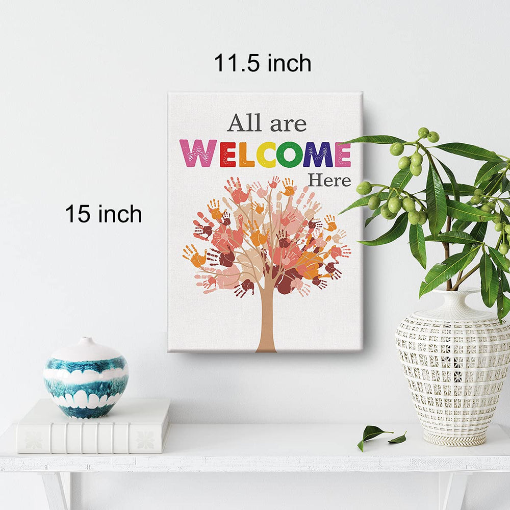 Inspirational Diversity Wall Art All are Welcome Here Watercolor Canvas Painting Prints for Classroom Wall Decor Framed Equality Artwork Gifts(12x15 Inch)