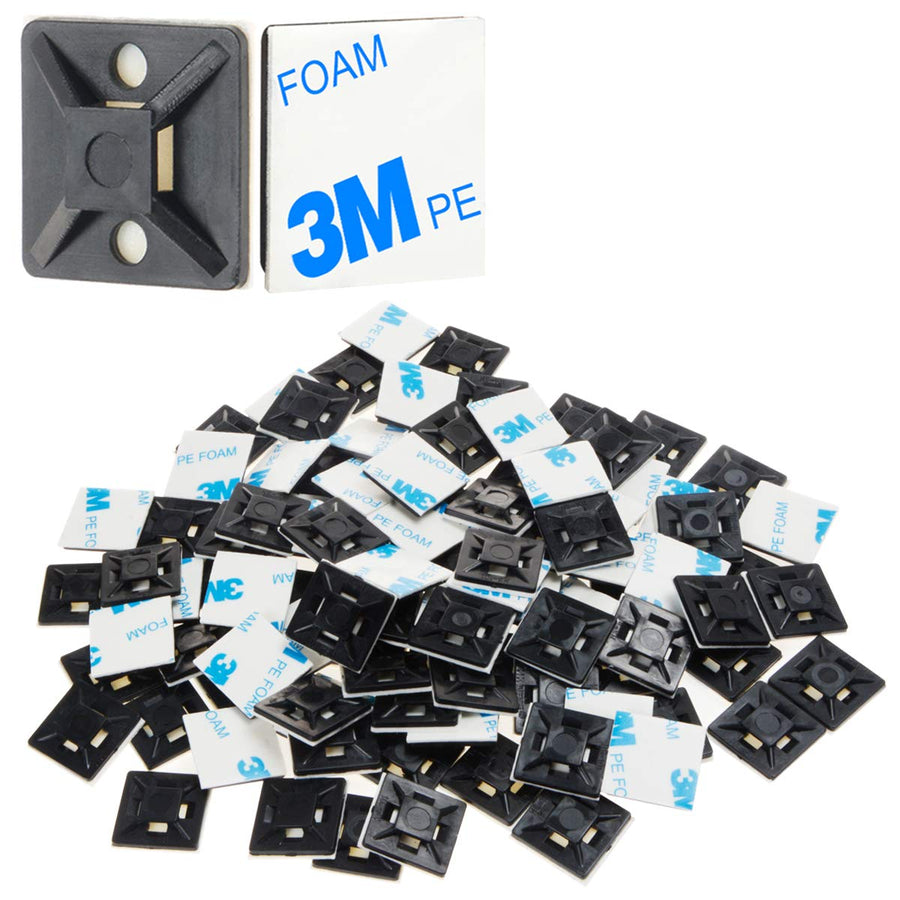 100 PCS 3/4 Black Self Adhesive Cable Zip Tie Mounts Wire Cable Clips Holders Management Anchors Organizer Holders Squares(HS-101S)