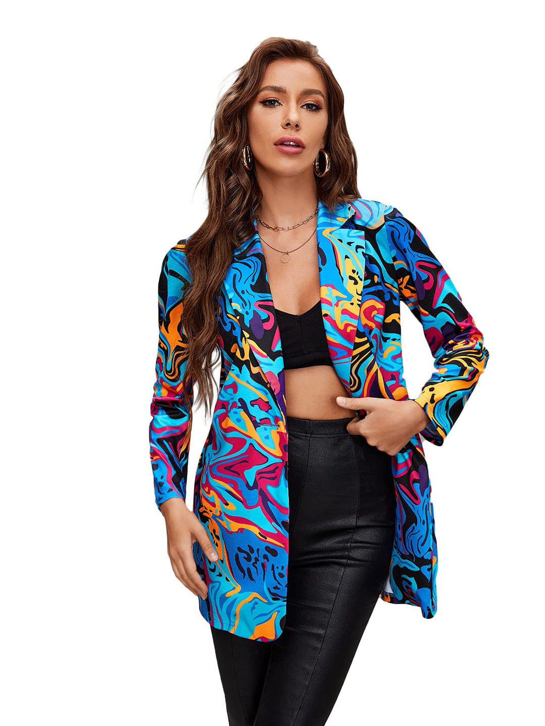 WDIRARA Women&#39;s Graphic Print Blazer Button Ope