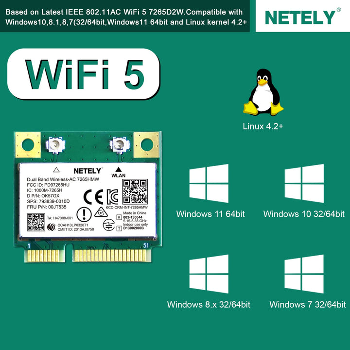 NETELY Wireless-AC 7265HMW Mini-PCIE Interface 1200Mbps