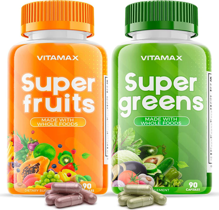 Super Fruit and Vegetable Supplements – Whole Superfood Vitamins &amp; Minerals – 90 Veggie and 90 Fruit Capsules for Women, Men, and Kids - Soy Free – Made in The USA