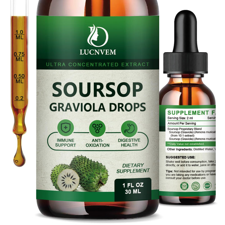 (2 Pack) Organic Soursop Graviola Liquid Drops, Soursop Extract Organic Pure for Natural Antioxidant, Cell Support &amp; Regeneration, Immune Boost, Soursop Bitters Liquid Rich in Multivitamin - 2 FL OZ