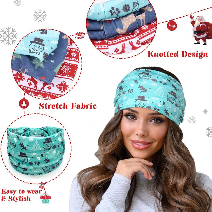 Christmas Headbands Stretch Knotted Headbands 3Pcs Head Bandana Non Slip Elastic Snowman Head Bands Workout Yoga Sweatband Hair Accessories for Women and Girls (A)