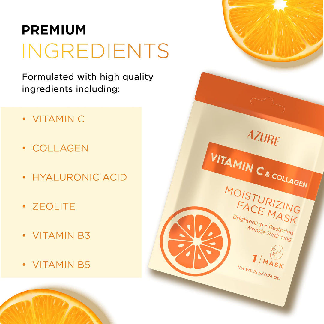 AZURE Vitamin C &amp; Collagen Moisturizing Sheet Face Mask - Brightening, Restoring &amp; Hydrating | Reduces Creases, Fine Lines &amp; Wrinkles | Diminishes Signs of Aging | Made in Korea - 5 Pack