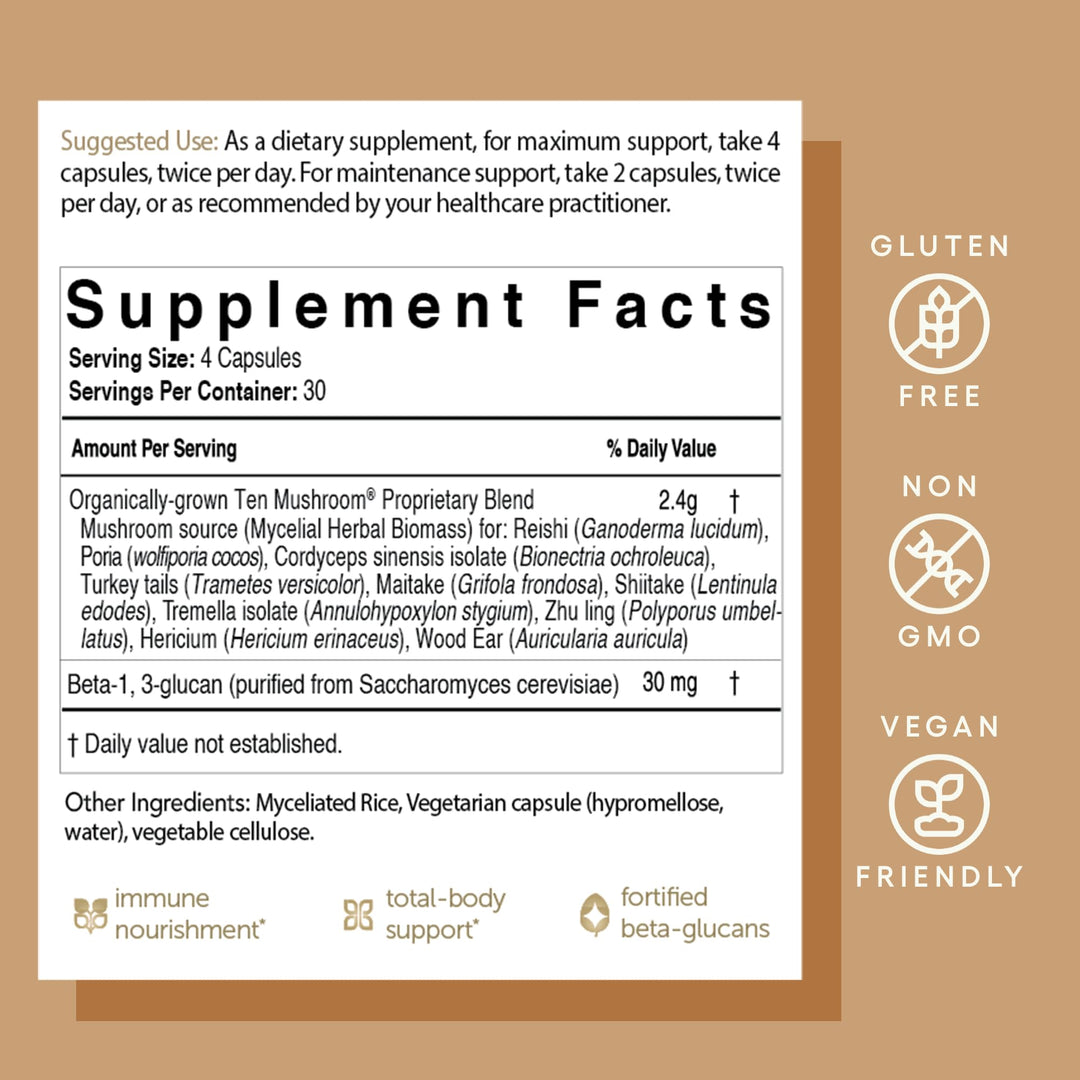 Ten Mushroom Supplement: Daily Immune Support, 120 Capsules – Lion’s Mane, Reishi, Cordyceps, Turkey Tail, Maitake, Shiitake – Energy, Gut Health, Liver, Kidney &amp; Nootropic Brain Support