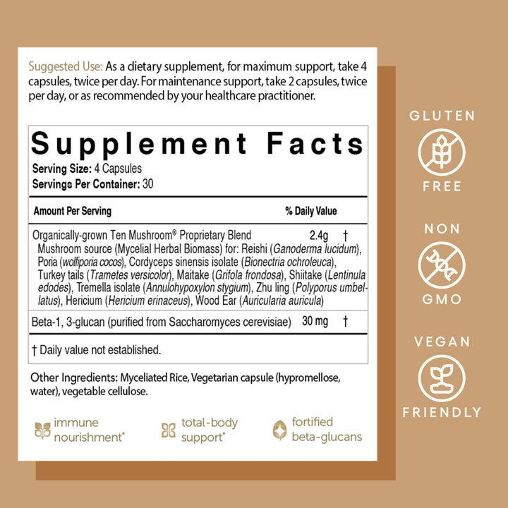 Ten Mushroom Supplement: Daily Immune Support, 120 Capsules – Lion’s Mane, Reishi, Cordyceps, Turkey Tail, Maitake, Shiitake – Energy, Gut Health, Liver, Kidney &amp; Nootropic Brain Support