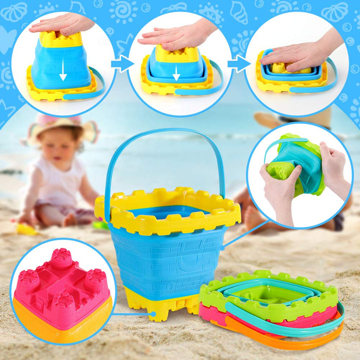 3PCS Collapsible Sand Bucket, 2.7L Portable Silicone Foldable Castle Pails Buckets, Sand Castle Building Kit, Sand Castle Molds Beach Toys, Camping Gear, Foldable Beach Buckets for Travel