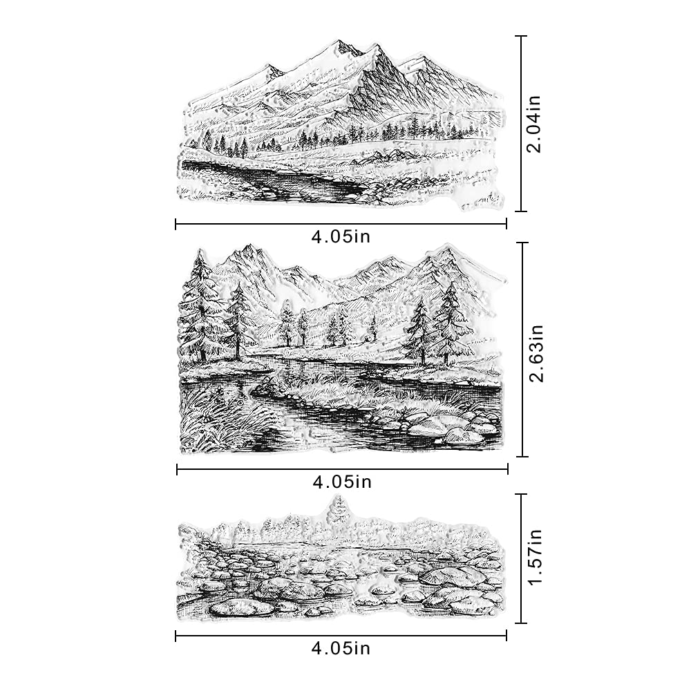 3 PCS Natural Scenery Clear Stamps for Card Making and Photo Album Decorations, Mountain River Background Transparent Rubber Stamps Seal for DIY Scrapbooking