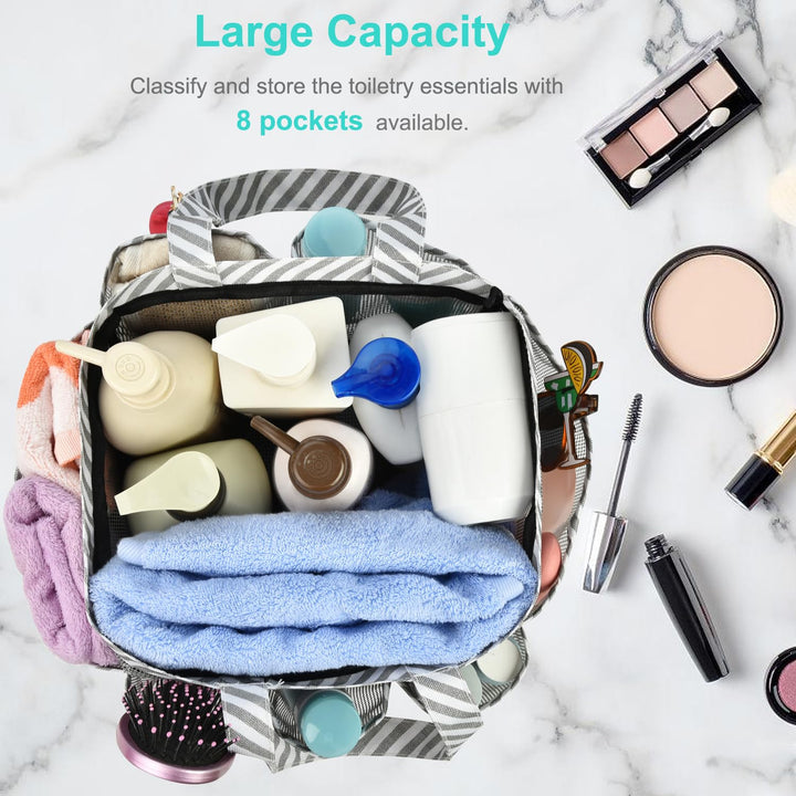 Mesh Shower Caddy Tote, Portable Shower Caddy Bag with 8 Pockets for College Dorm Room Essentials, Beach, Swimming, Gym