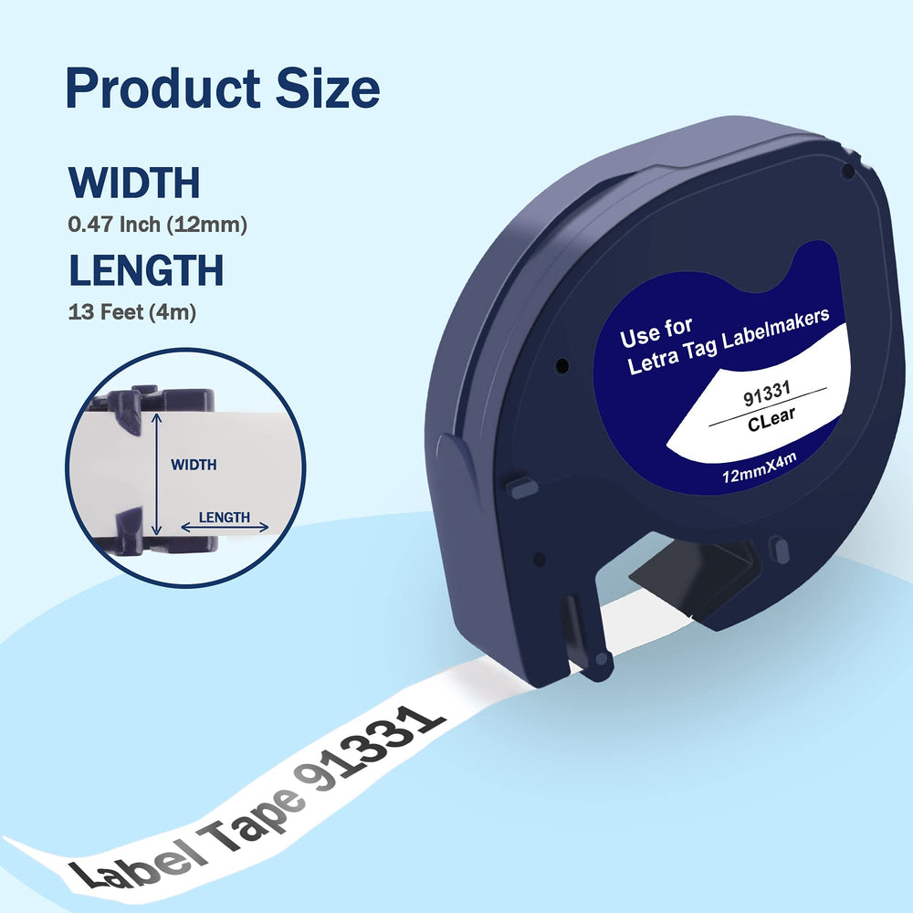 Compatible Label Tape Replacement for Dymo Letratag Labeling Refills 91331 (S0721660) to use with Label Maker LT-100T LT-100H LT-110T, 0.47 Inch (12mm) x 13 Feet (4m), Black on Clear, 6-Pack