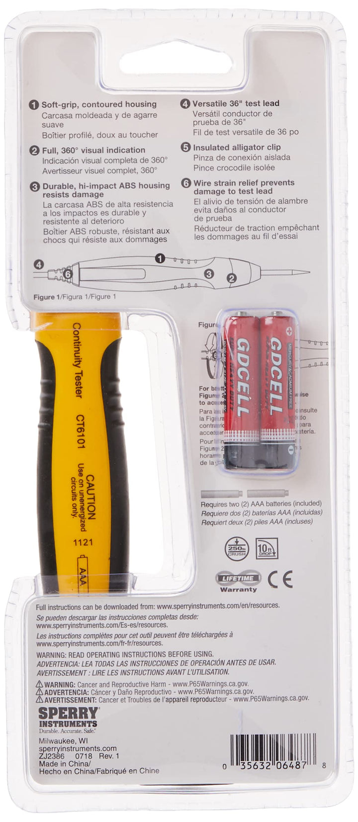 Sperry Instruments CT6101 Heavy Duty Continuity Tester, 2 Range, 36 inch lead, Yellow