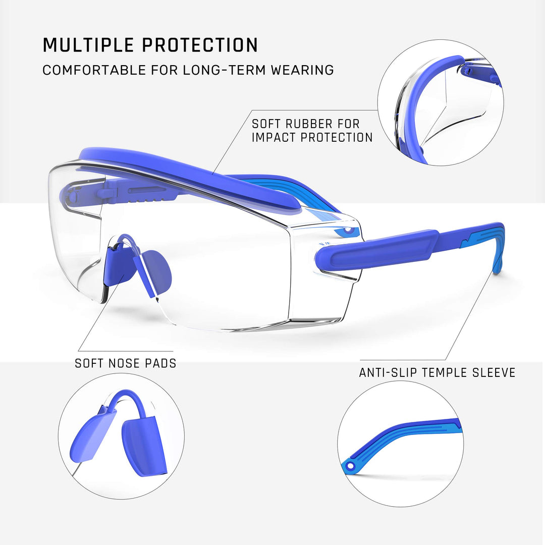 Anti Fog Safety Glasses Safety Goggles Over Glasses Protective Glasses with Anti Scratch Lenses Adjustable Frame And Temples,Clear, Lab Eyewear Goggles for men &amp; Women(Blue 1 Pair)