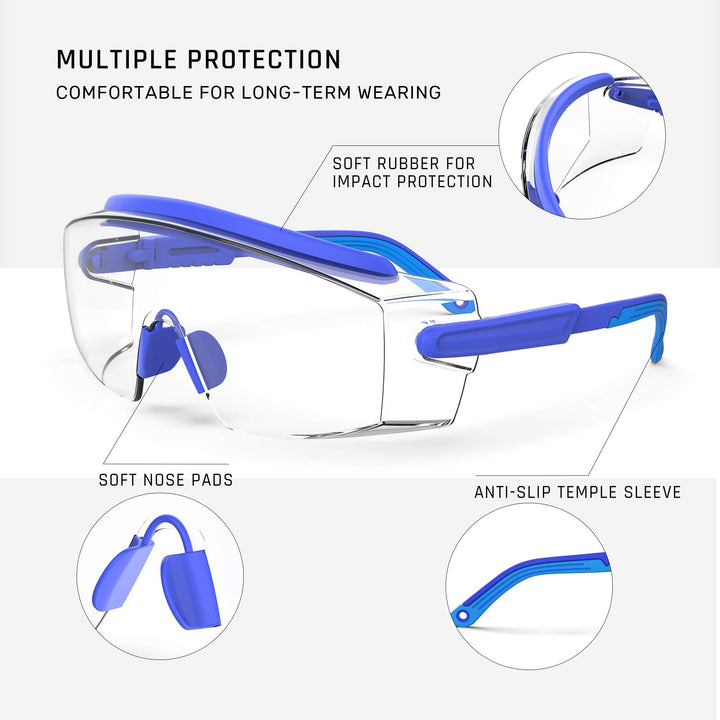 Anti Fog Safety Glasses Safety Goggles Over Glasses Protective Glasses with Anti Scratch Lenses Adjustable Frame And Temples,Clear, Lab Eyewear Goggles for men &amp; Women(Blue 1 Pair)