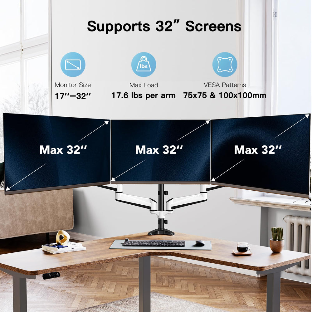 Triple Monitor Stand - Full Motion Articulating Gas Spring Monitor Mount Fit Three 17 to 32 inch LCD Computer Screens with Clamp, Grommet Kit