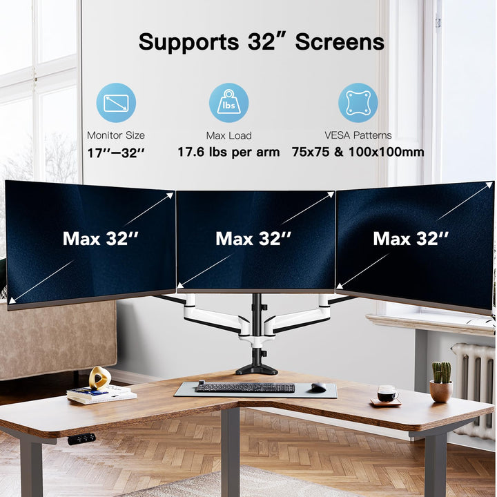 Triple Monitor Stand - Full Motion Articulating Gas Spring Monitor Mount Fit Three 17 to 32 inch LCD Computer Screens with Clamp, Grommet Kit