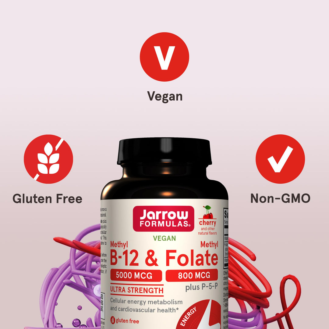 Ultra Strength Methyl B-12 5000 mcg &amp; Methyl Folate 800 mcg + P-5-P, Dietary Supplement for Cellular Energy Metabolism and Cardiovascular Support, 60 Chewable Tablets, 60 Day Supply