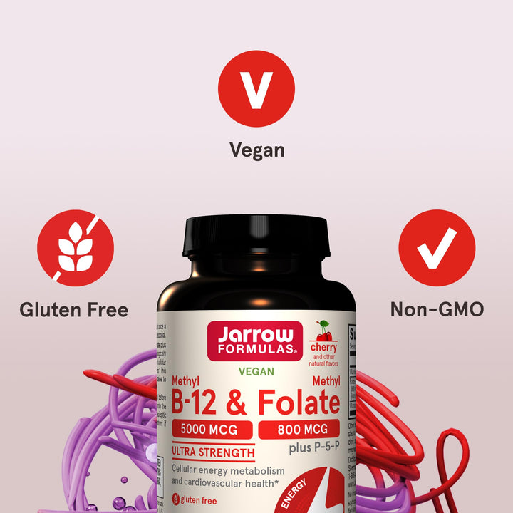 Ultra Strength Methyl B-12 5000 mcg &amp; Methyl Folate 800 mcg + P-5-P, Dietary Supplement for Cellular Energy Metabolism and Cardiovascular Support, 60 Chewable Tablets, 60 Day Supply