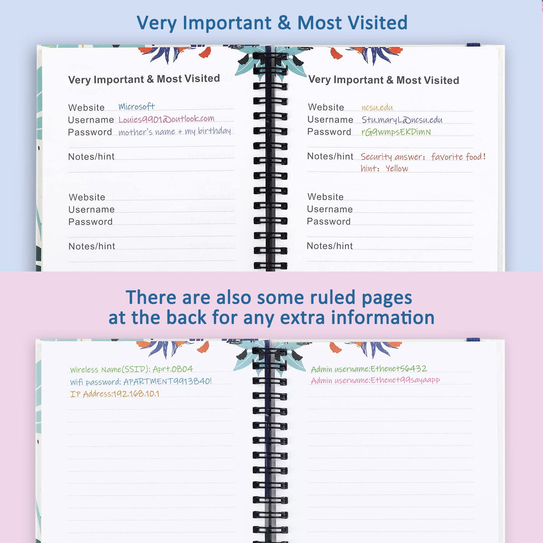 JUBTIC Password Book with Printed Tabs Spiral Bound, Al