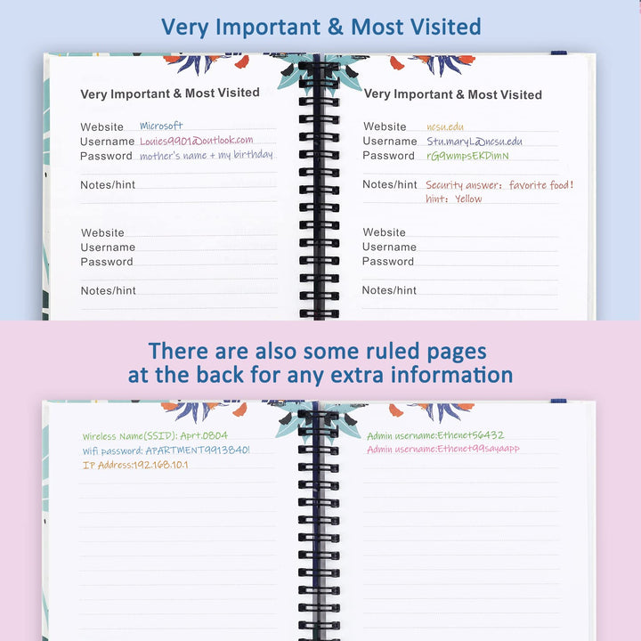 JUBTIC Password Book with Printed Tabs Spiral Bound, Al