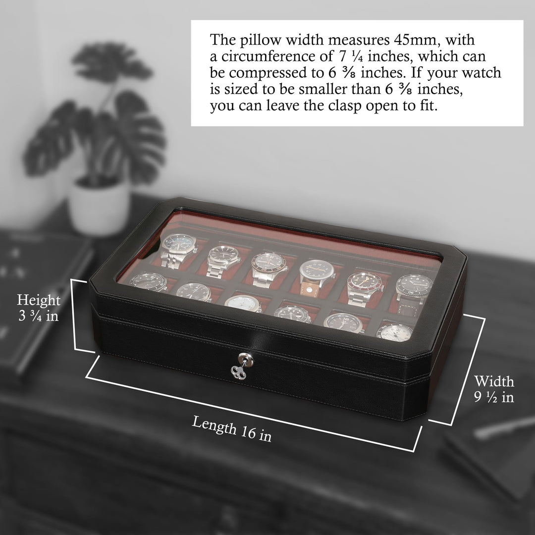 12 Slot Leather Watch Box - Luxury Watch Case Display Organizer, Microsuede Liner, Locking Mens Jewelry Watches Holder, Men&#39;s Storage Boxes Holder Large Glass Top (Black/Red)