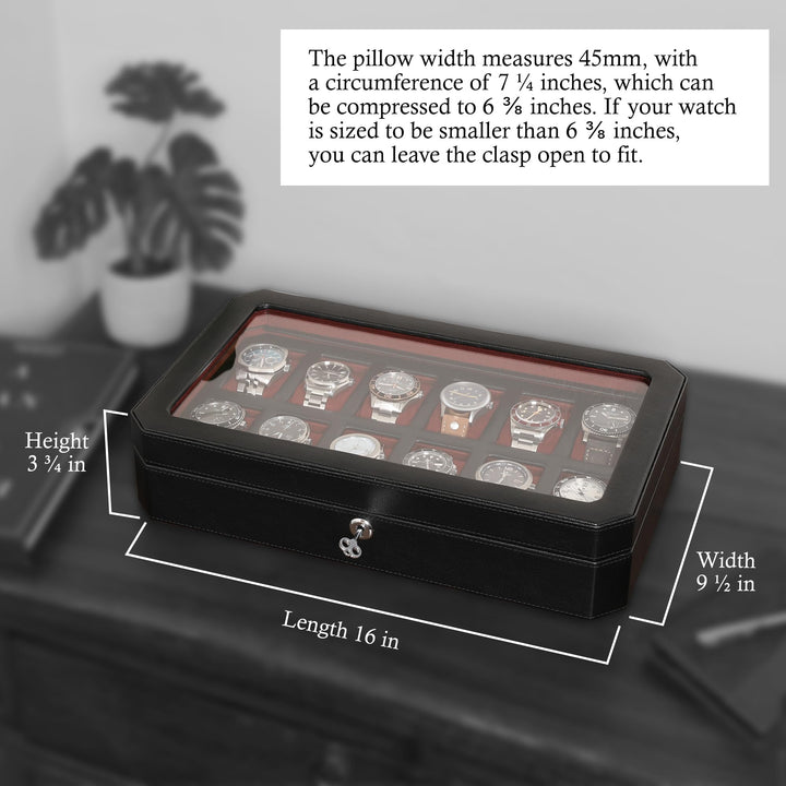 12 Slot Leather Watch Box - Luxury Watch Case Display Organizer, Microsuede Liner, Locking Mens Jewelry Watches Holder, Men&#39;s Storage Boxes Holder Large Glass Top (Black/Red)