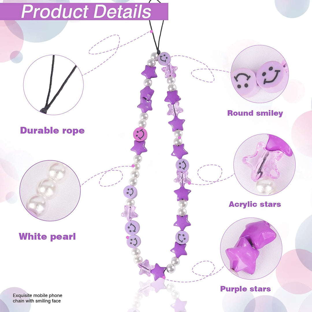 Phone Charm Lanyard, 1Pcs Smiley Face Beaded Phone Charm Strap Colorful Star Smiley Soft Ceramic Keychain for Women Girls (Purple)