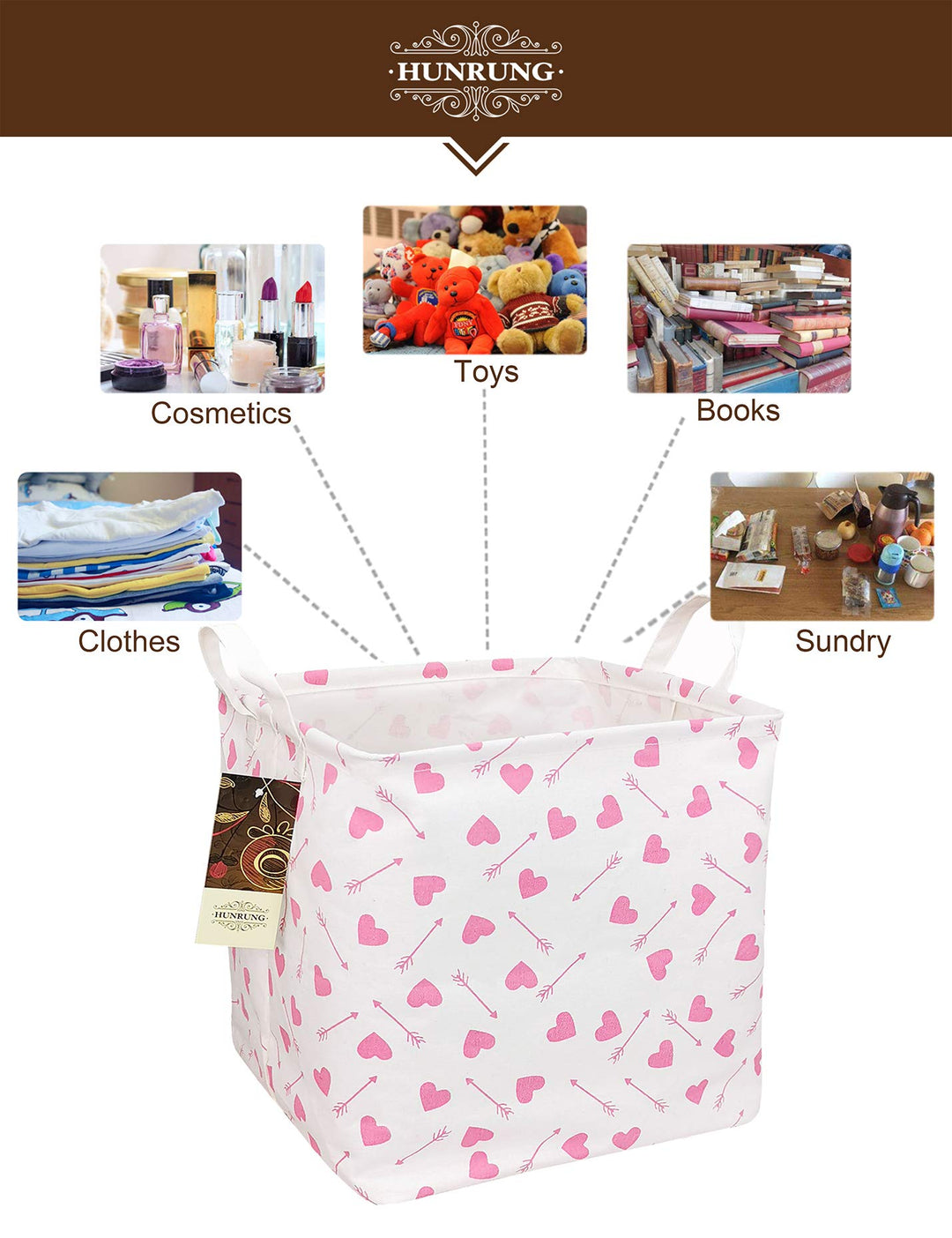 Square Storage Bins Nursery Hamper Canvas Laundry Basket Foldable with Waterproof Nursery Boxes for Shelves/Gift Baskets/Toy Organizer/Office, Bedroom (Square-Pink-heart-arrow)