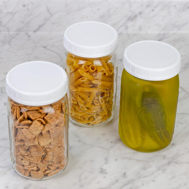 Wide Mouth Plastic Mason Jar Lids (24-Pack Bundle); 2 Dozen Unlined White Ribbed Lids, 86-450 Size