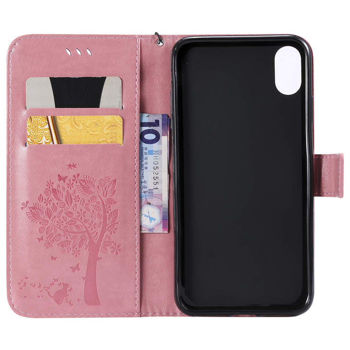 NOMO for iPhone XR Case,for iPhone XR Wallet Case,for iPhone XR Flip Case PU Leather Emboss Tree Cat Flowers Folio Magnetic Kickstand Cover with Card Slots for iPhone XR (6.1 inch) Release, Pink