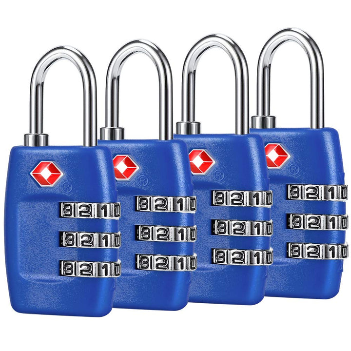 TSA Luggage Locks (4Pack) - 3 Digit Combination Padlocks - Approved Travel Lock for Suitcases &amp; Baggage (Dark Blue)
