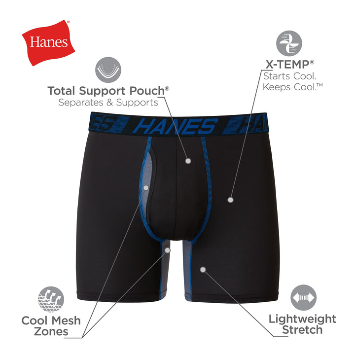 Men&#39;s X-Temp Total Support Pouch Boxer Brief, Anti-Chafing, Moisture-Wicking Underwear, Multi-Pack, Regular Leg-Black, Large