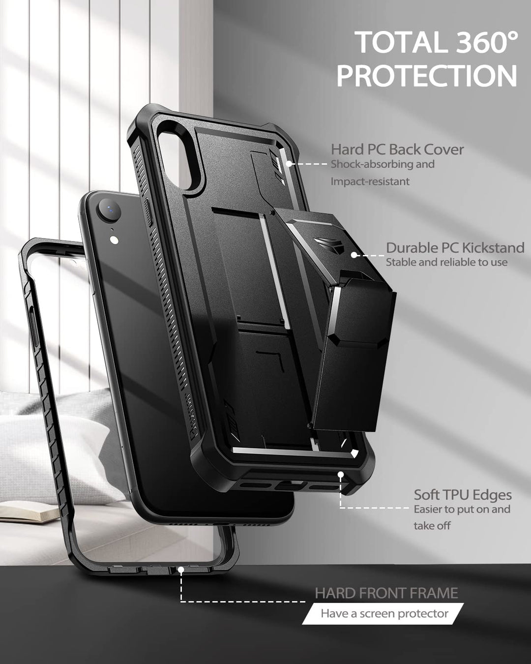 for iPhone XR Case, [Built in Screen Protector and Kickstand] Heavy Duty Military Grade Protection Shockproof Protective Cover for iPhone XR, Black