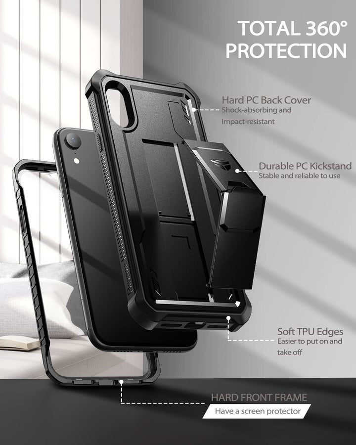 for iPhone XR Case, [Built in Screen Protector and Kickstand] Heavy Duty Military Grade Protection Shockproof Protective Cover for iPhone XR, Black