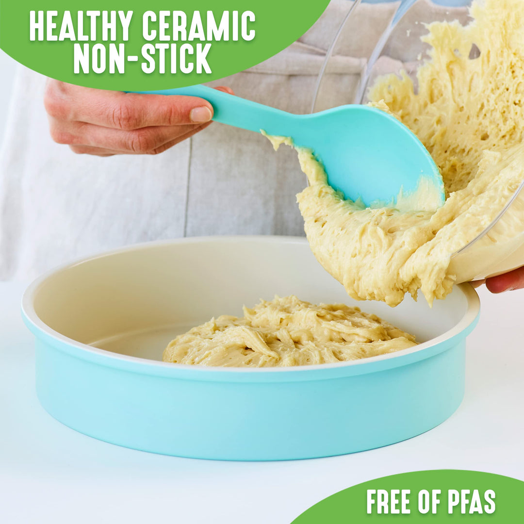 Bakeware 9 Round Cake Baking Pan, Healthy Ceramic Nonstick, PFAS &amp; PFOA-Free, Birthday Cakes Tarts &amp; More, Oven Safe to 450F, Easy Cleanup, Turquoise