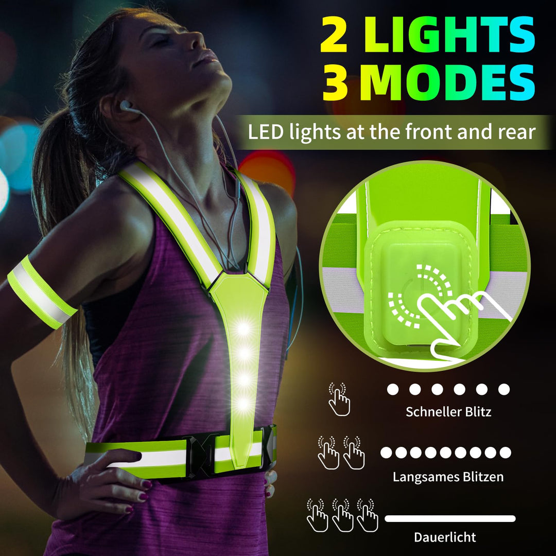 LED Reflective Vest USB Rechargeable Running Gear Night Light up Vest Safety Gear Adjustable Elastic Size Night Running LED VES for Men/Women/Child (Green)