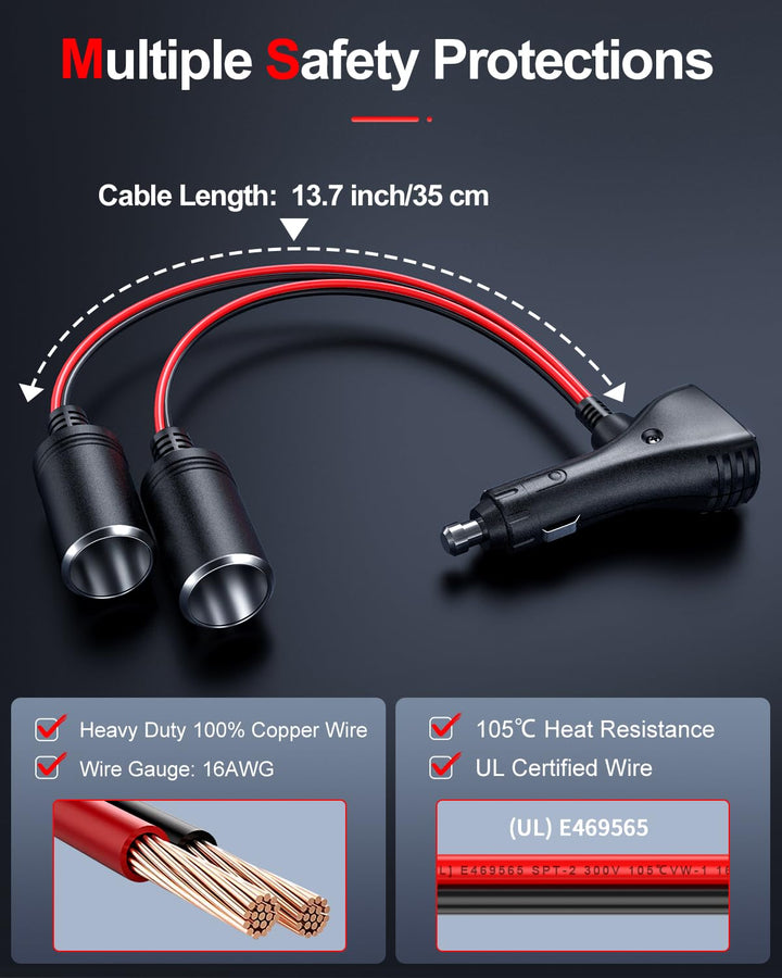 Car Cigarette Lighter Splitter Adapter 2 Socket, 1 to 2 DC 12V 24V Cigarette Lighter Power Charger Port 2-Way Splitter, 5 inch 16AWG Extension Cord Cable UL Wire with 15A Fuses
