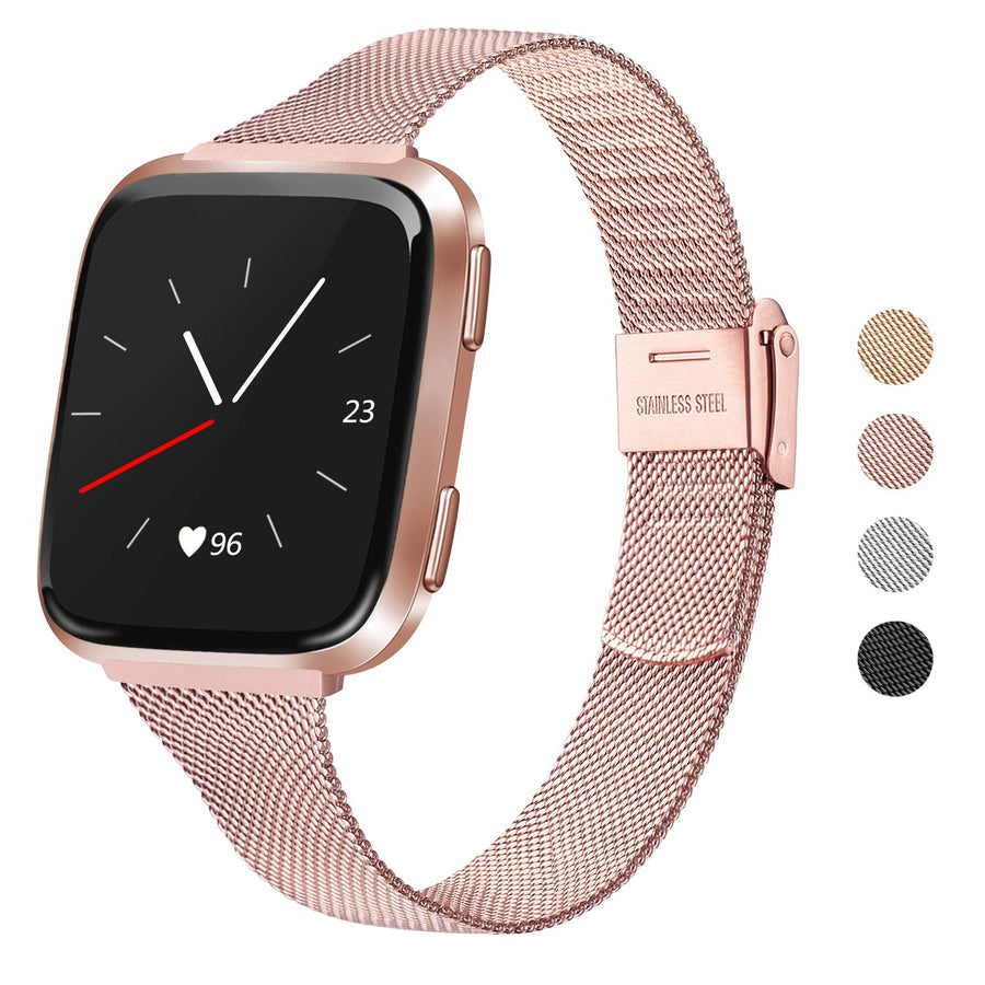 Metal Slim Bands Compatible for Fitbit Versa 2 / Fitbit Versa/Fitbit Versa Lite, Stainless Steel Metal Clasp Thin Replacement Bands for Women Men (For 6.7-8.7 wrists, Rose Pink)