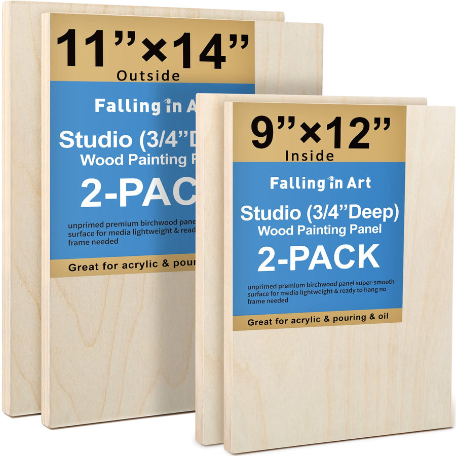 Unfinished Birch Wood Canvas Panels Kit, 4 Pack of 2 Sizes 11x14' and 9x12' Studio 3/4’’ Deep Cradle Boards for Pouring Art, Crafts, Painting, and More