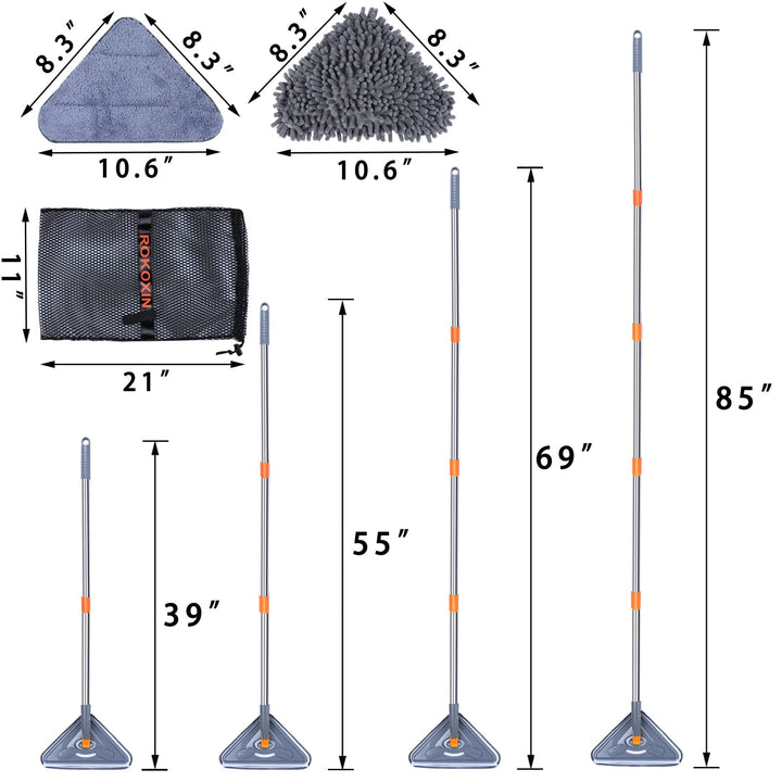 85 Inch Wall Cleaner Mop with Long Handle - Baseboard Cleaner Tool Duster for Wall Washer Cleaning Ceiling Window Floor, with Extension Pole 39 to 85, 6 Replacement Microfiber Chenille Pads