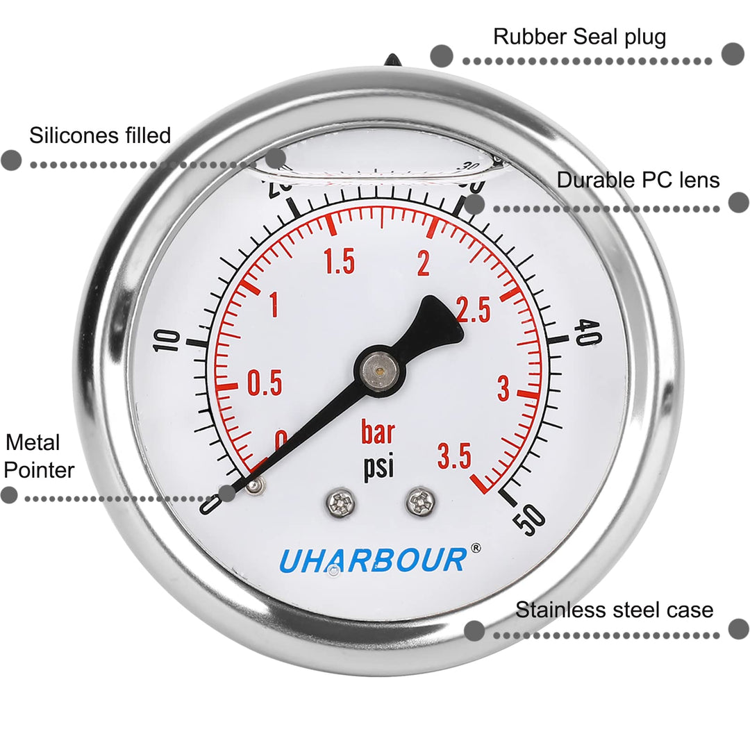 UHARBOUR Glycerin Filled Low Pressure Gauge 50psi/3.5bar, Stainless Steel case, Brass Inside Construction, 2-1/2 dial, 1/4NPT Back Connection.…