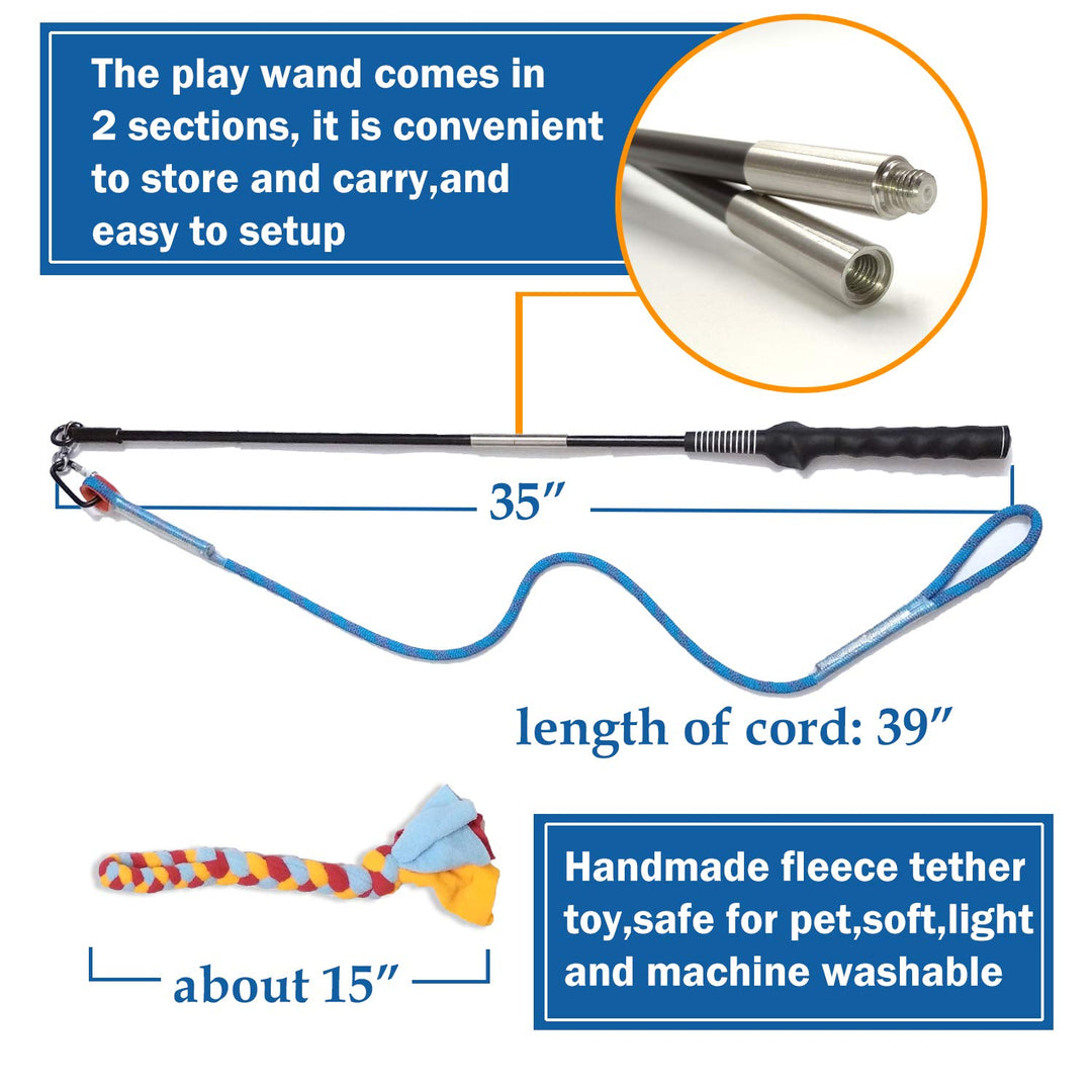 Interactive Flirt Pole Toy for Dogs Chase and Tug of War,Durable Teaser Wand with Pet Fleece Rope Tether Lure Toy to Outdoor Exercise &amp; Training for Small Medium Large Dogs (Blue/Red, POLE-35 inches)