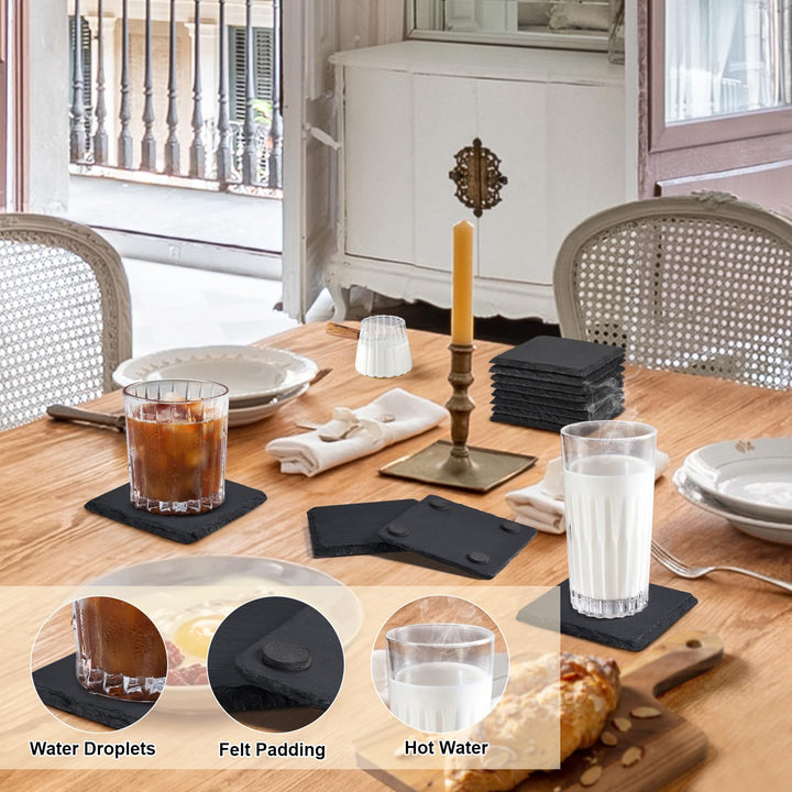 Slate Coasters, 4 Inch Coasters Set 12 Square Rustic Black Stone Coasters Set for Drinks with Anti-Scratch Backing for Halloween, Bar, Kitchen, Housewarming Gifts, Home Decor