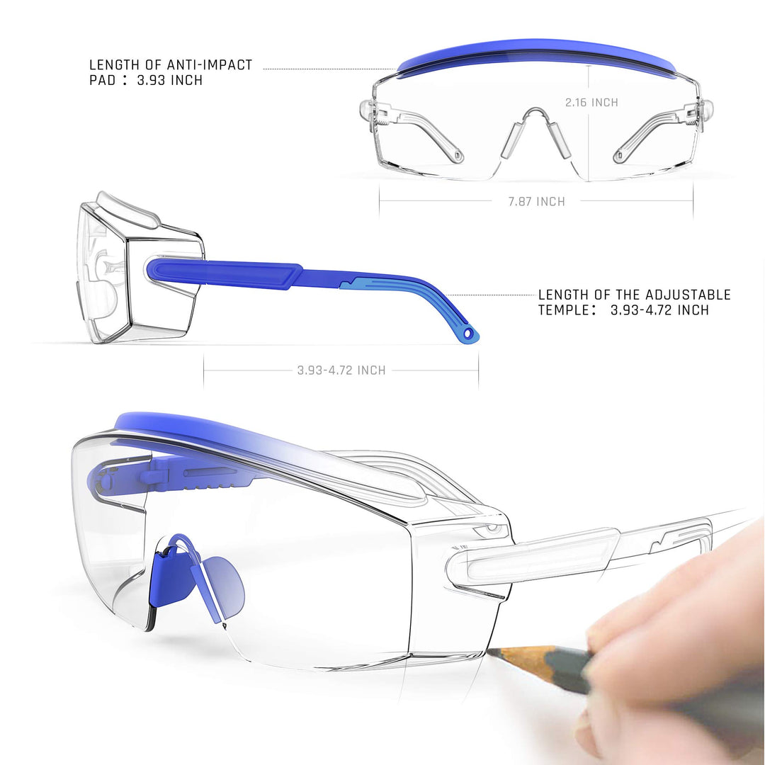 Anti Fog Safety Glasses Safety Goggles Over Glasses Protective Glasses with Anti Scratch Lenses Adjustable Frame And Temples,Clear, Lab Eyewear Goggles for men &amp; Women(Blue 1 Pair)