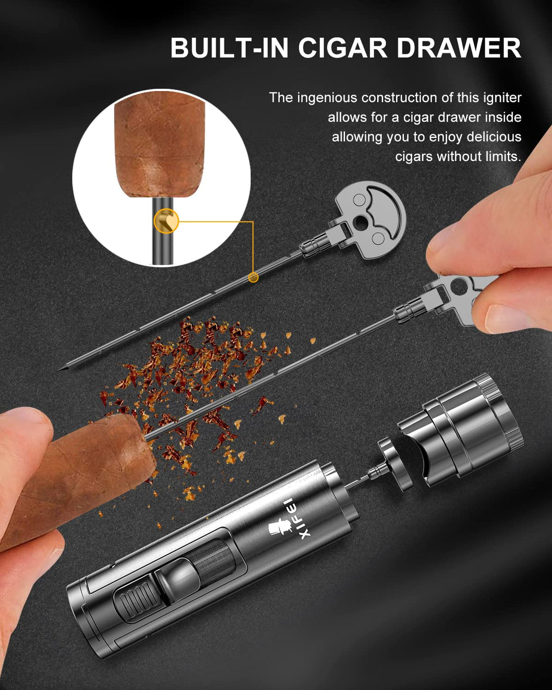 Cigar Lighter, Cigar Puncher, Cigar Draw Enhancer, Cigar Stand, All-in-one Lighter (Gun ash)