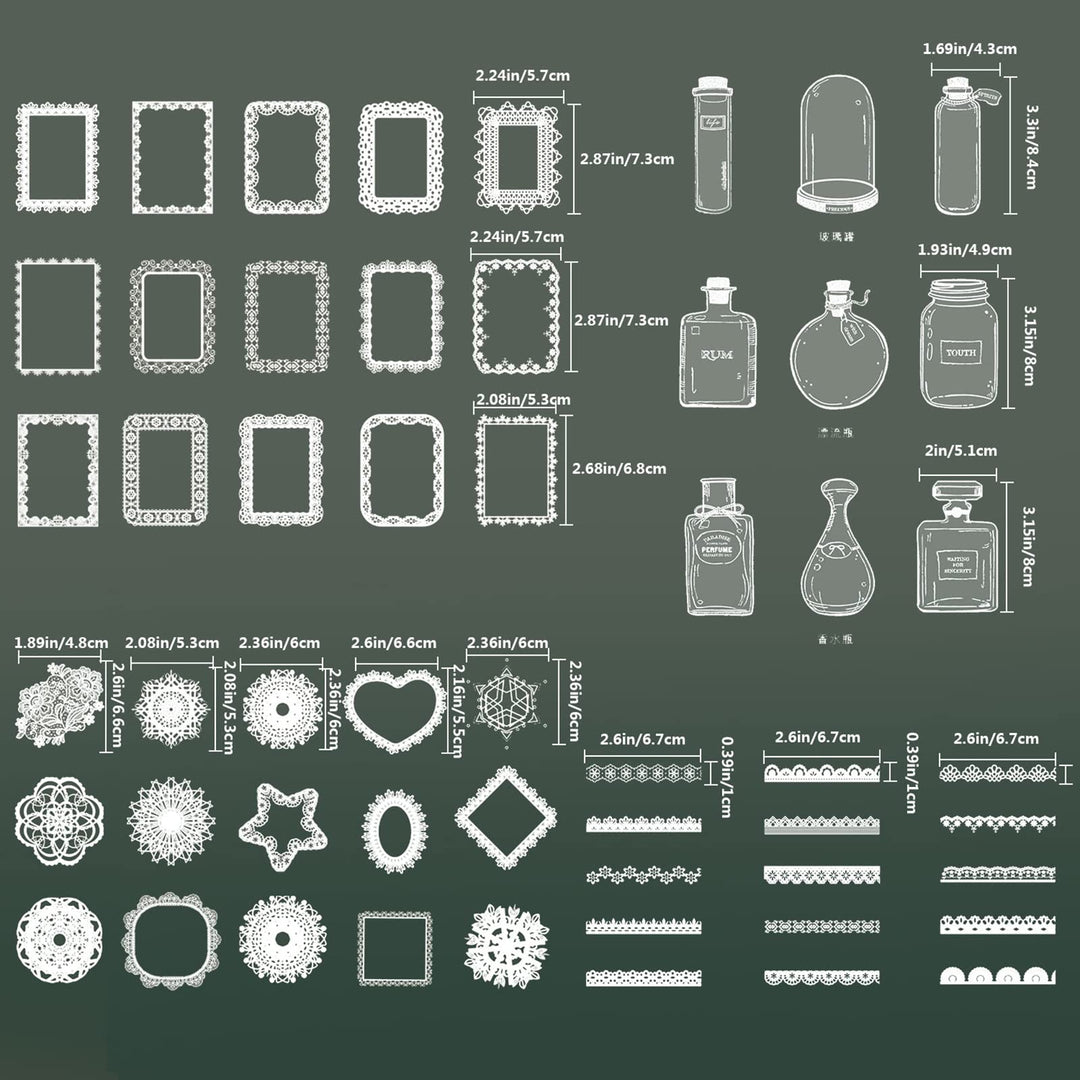 DREMISI 180Pcs Transparent Aesthetics Sticker Glassware Bottle Shape Stickers Lace Stickers PET Transparent Photo Frame Aesthetics Stickers for Scrapbook Journal Planner Diary Notebook Album, 6 Packs