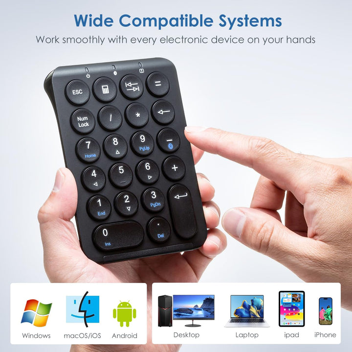 SANWA Bluetooth Numeric Keypad, Rechargeable Wireless Ten Key Number Pad, 22-Key Portable &amp; Slim Financial Accounting Numpad for Laptop Computer, Compatible with MacBook, Windows, Android, iOS, Black