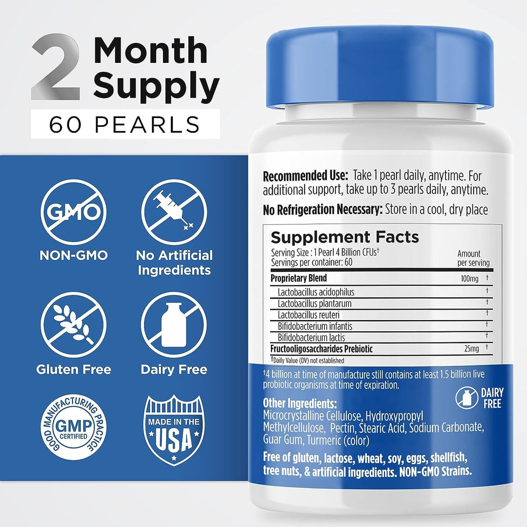 Earth&#39;s Pearl Probiotics for Women &amp; Men &amp; Kids - Pearl-Shaped Probiotic &amp; Prebiotics with BIO-Tract®, 4 Billion CFU, Gut Health Support (60-Day Supply)